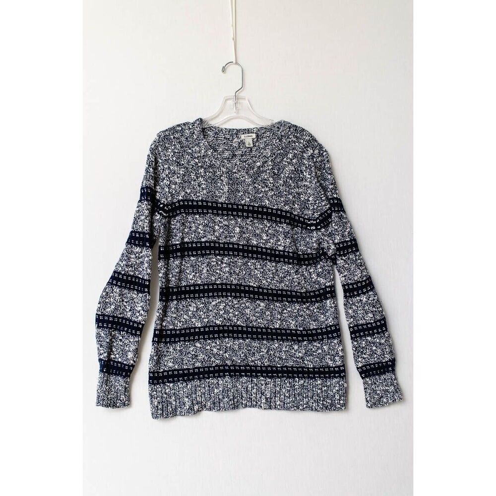 L.L. Bean Womens crew neck Sweater L Blue Gray Cotton Crewneck Pullover Breton